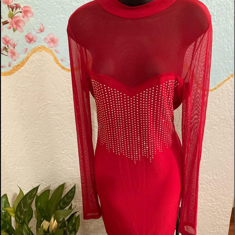 Sexy red mesh dress with rhinestones